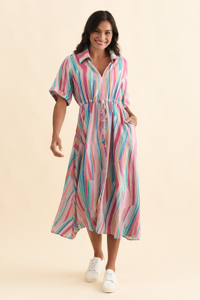 Leigh Pink Stripe Tie Dress,Brunette model,alt text|model:Brontie image 3
