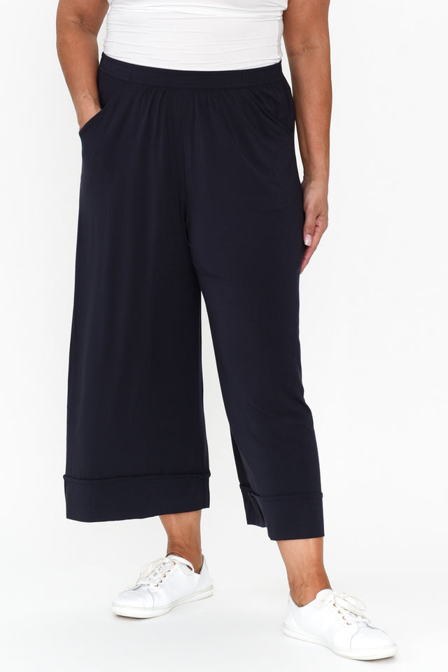 Lena Navy Micro Modal Resort Pants,Brunette model,alt text|model:Pilita image 9