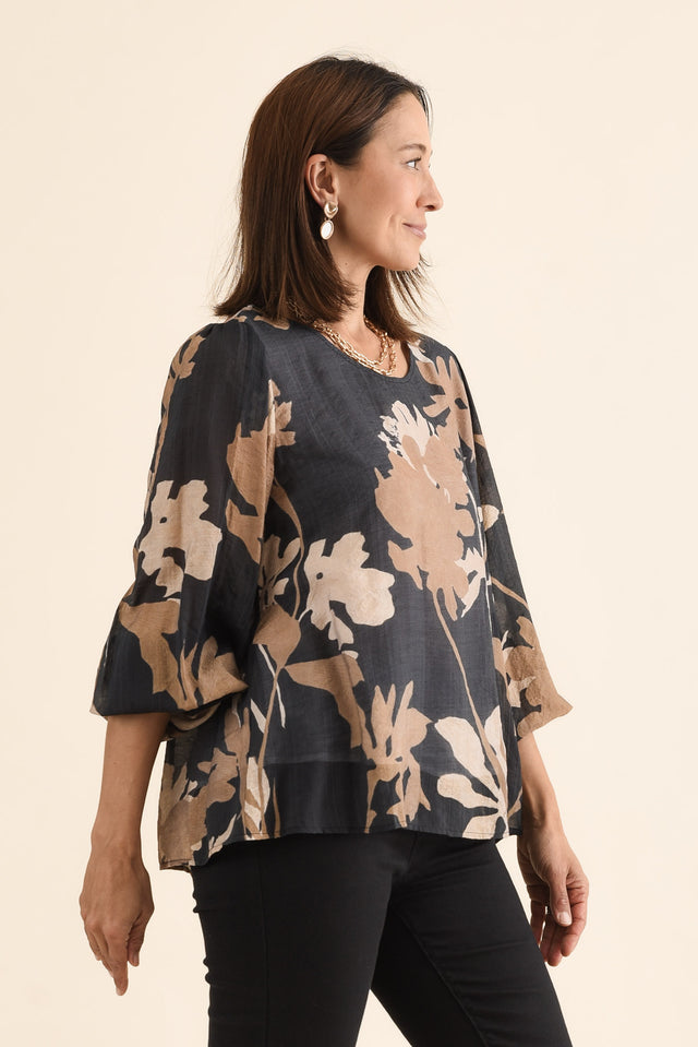 Lenah Black Floral Sleeved Top,Side,Brunette model,alt text|model:Cara image 3