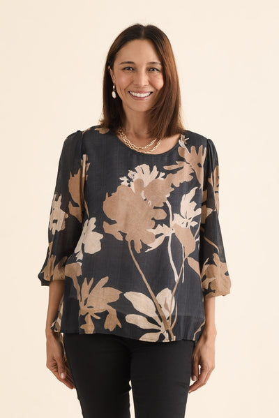 Lenah Black Floral Sleeved Top