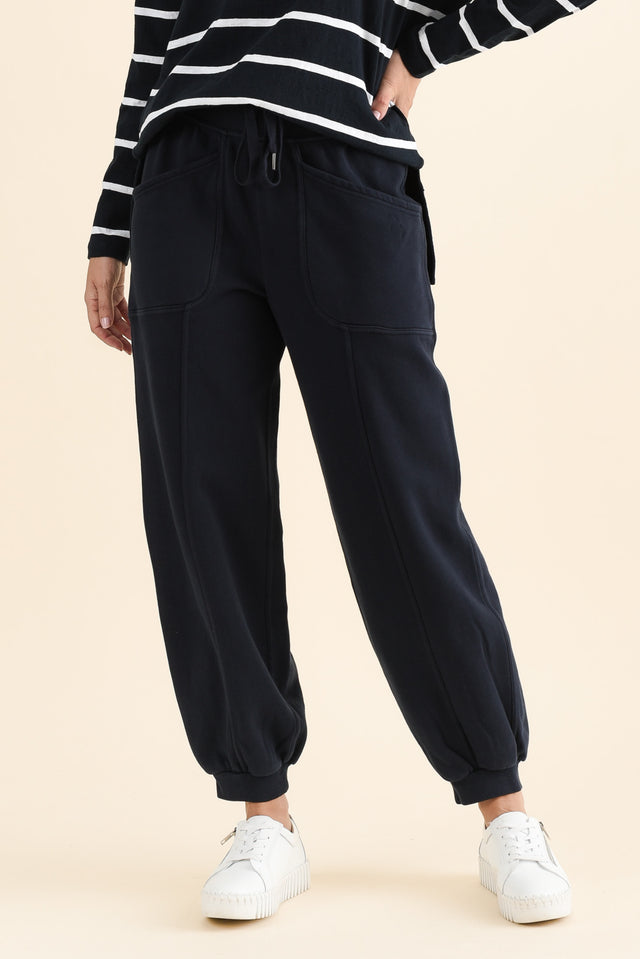 Leo Navy Cotton Sweatpants,brunette model,Front of Outfit,alt text|model:MJ image 1