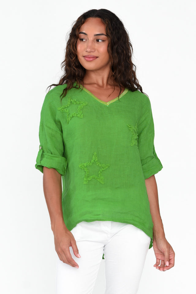 Leonora Green Star Linen Top neckline_V Neck  alt text|model:Demi;wearing:S image 1