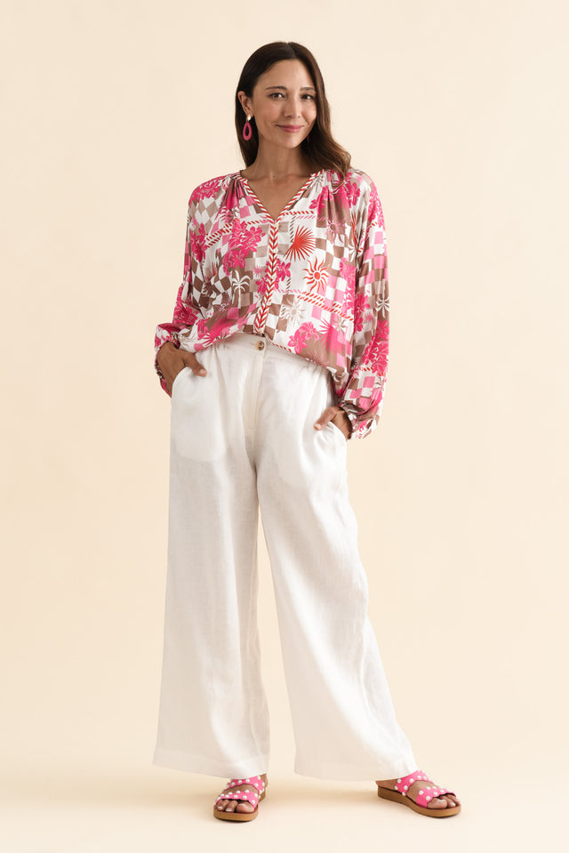 Leonora Red Tropical Button Blouse,Brunette model,alt text|model:Cara image 7