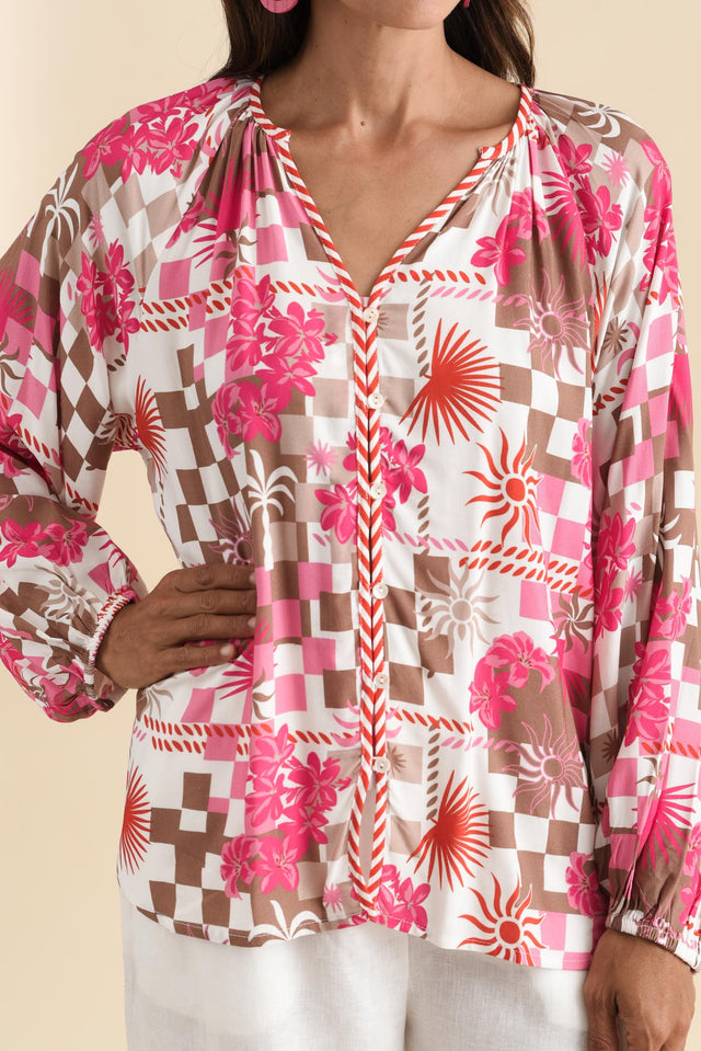 Leonora Red Tropical Button Blouse,Brunette model,alt text|model:Cara image 6