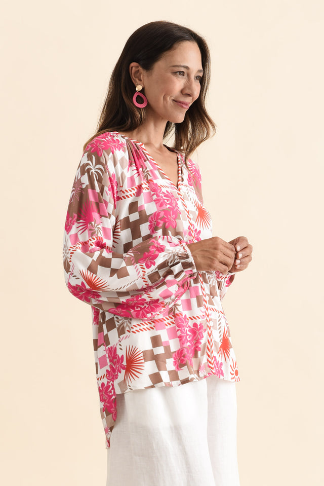 Leonora Red Tropical Button Blouse,Brunette model,alt text|model:Cara image 4