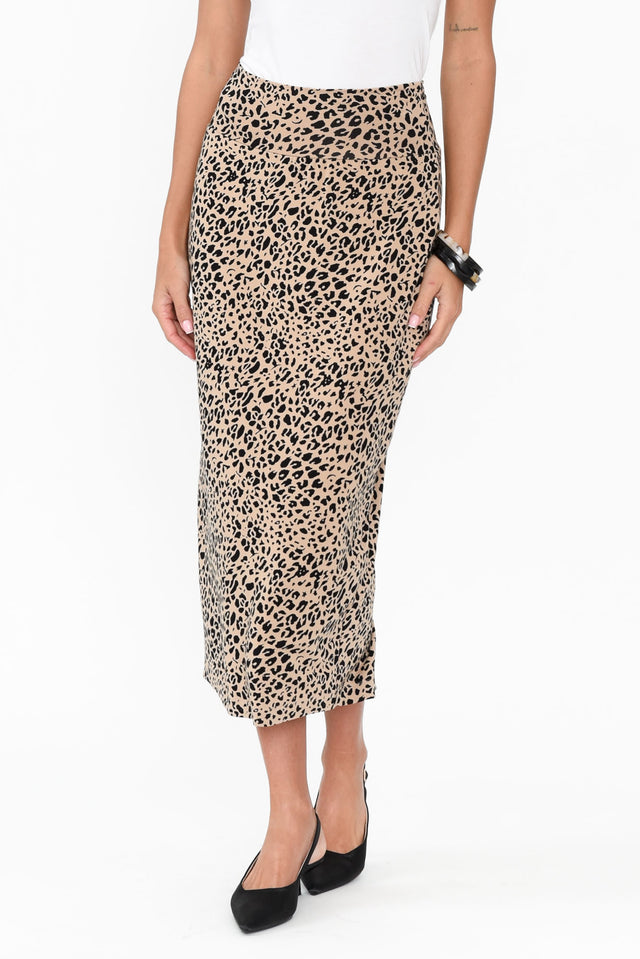 Leopard Bamboo Maxi Tube Skirt length_Midi print_Animal hem_Straight colour_Tan SKIRTS  alt text|model:Brontie;wearing:S/M
