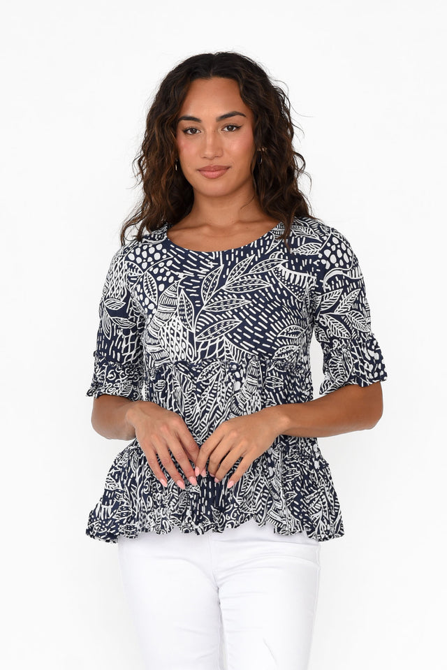 Leros Navy Jungle Organic Cotton Top neckline_Round  alt text|model:Demi;wearing:AU 8 / US 4