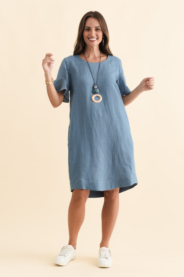 Lesley Blue Linen Flutter Sleeve Dress,Brunette model,alt text|model:MJ image 3