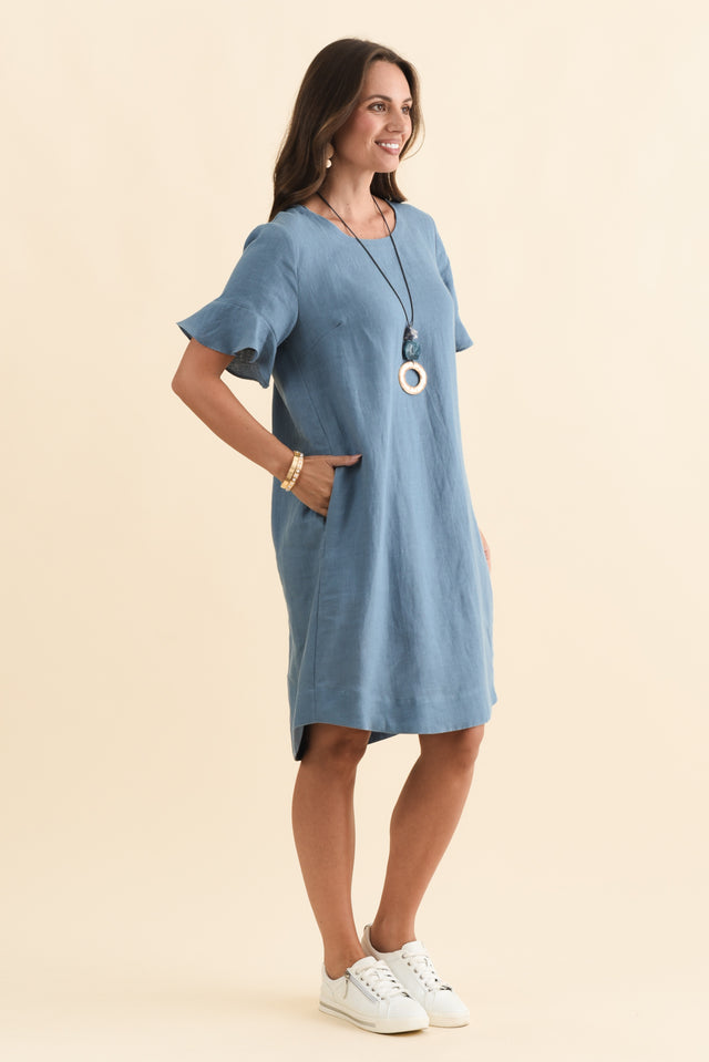 Lesley Blue Linen Flutter Sleeve Dress,Brunette model,alt text|model:MJ image 4