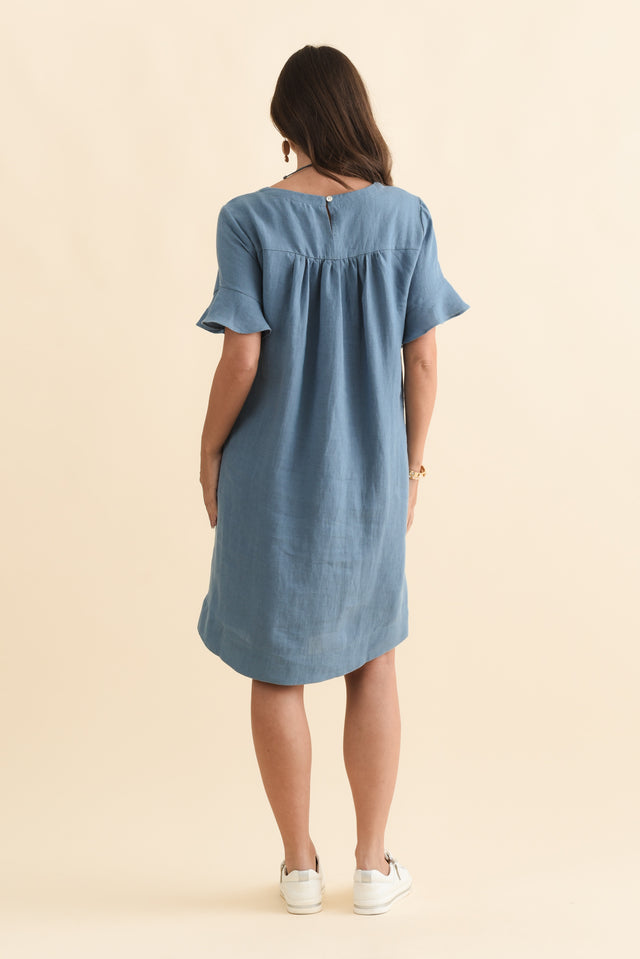 Lesley Blue Linen Flutter Sleeve Dress,Brunette model,alt text|model:MJ image 5