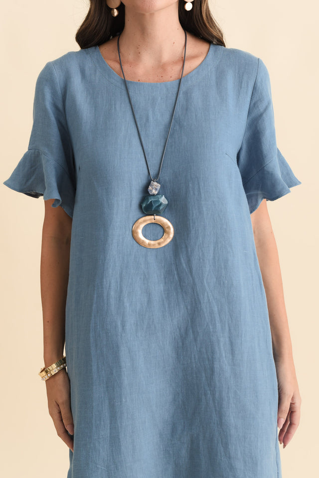 Lesley Blue Linen Flutter Sleeve Dress,Brunette model,alt text|model:MJ image 6