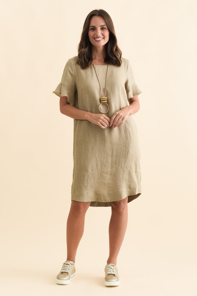Lesley Taupe Linen Flutter Sleeve Dress,Brunette model,alt text|model:MJ image 8
