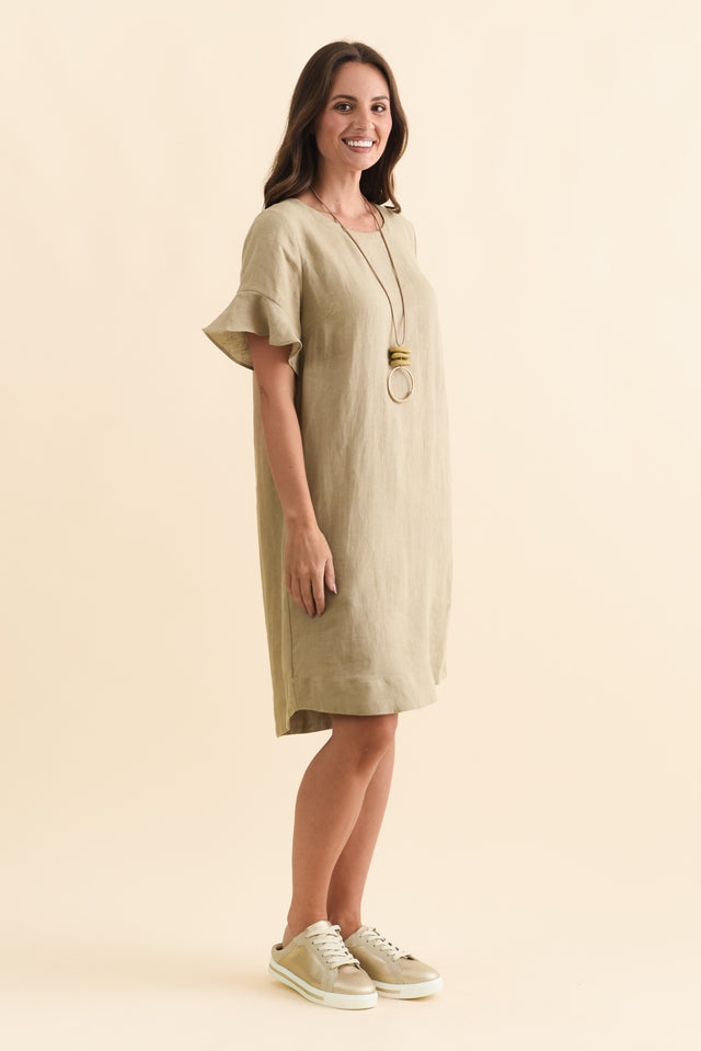 Lesley Taupe Linen Flutter Sleeve Dress,Brunette model,alt text|model:MJ image 5