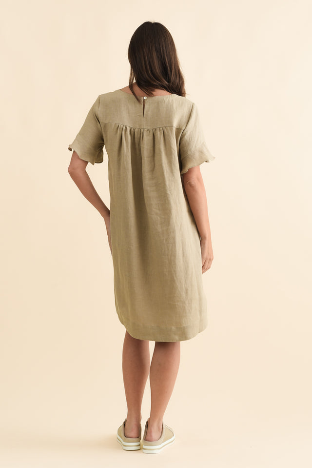 Lesley Taupe Linen Flutter Sleeve Dress,Brunette model,alt text|model:MJ image 6