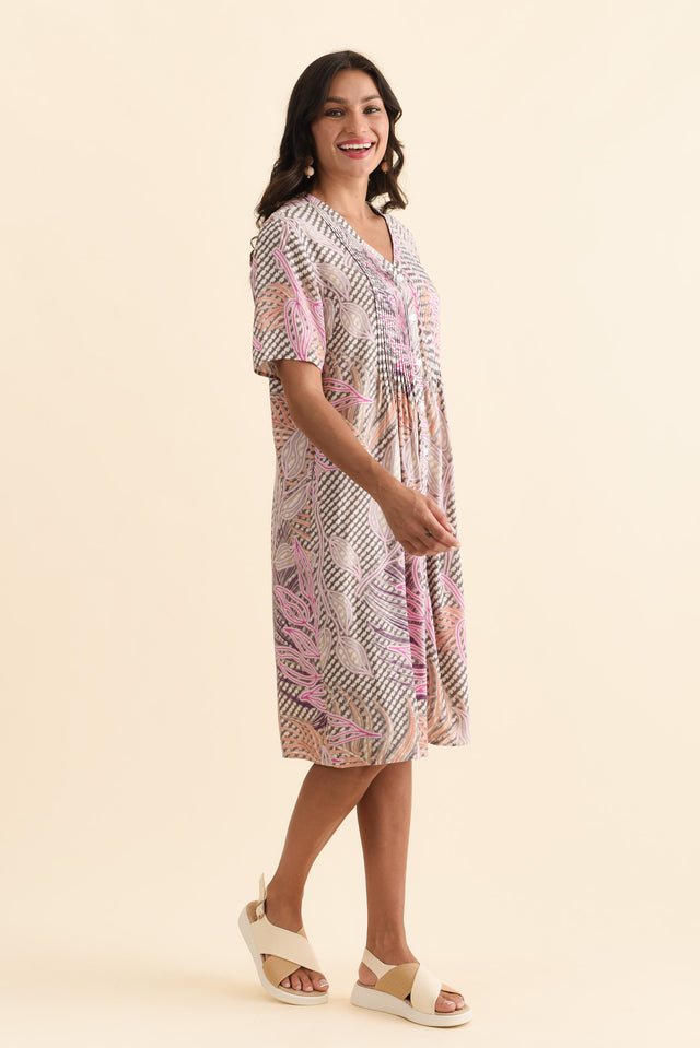 Leticia Pink Leaf Midi Dress,Brunette model,alt text|model:Brontie image 4