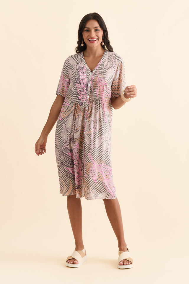 Leticia Pink Leaf Midi Dress,Brunette model,alt text|model:Brontie image 3