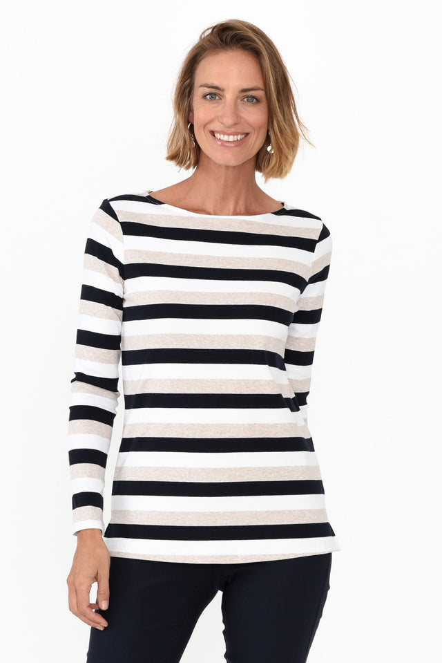 Letisha Beige Stripe Cotton Top neckline_Boat  alt text|model:Riina;wearing:XS