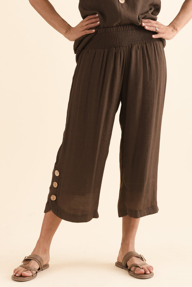 Lettie Chocolate Button Pants,Front,Brunette model,alt text|model:Cara image 1