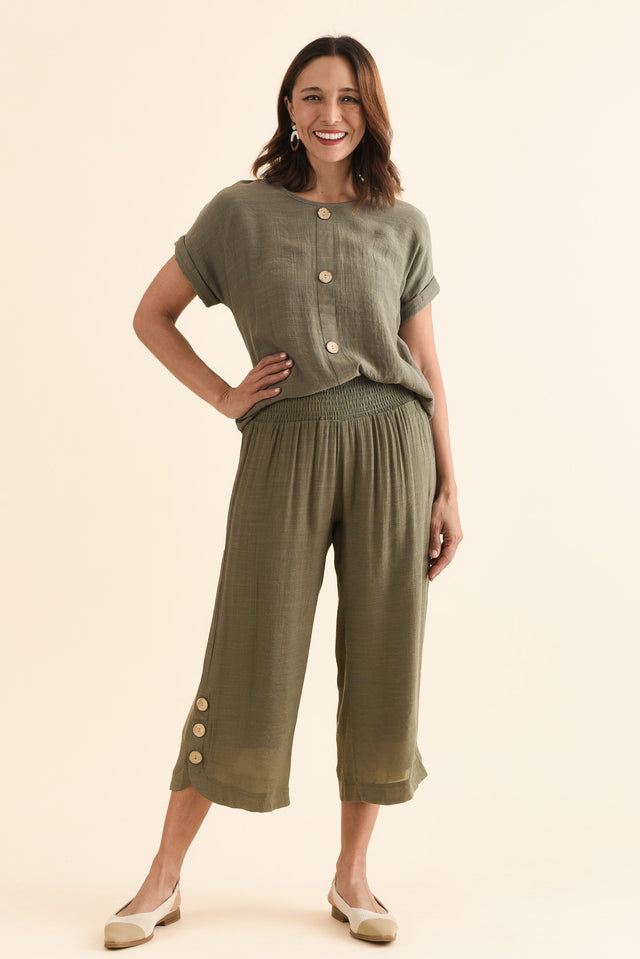 Lettie Khaki Button Pants,Full Body,Brunette model,alt text|model:Cara image 3