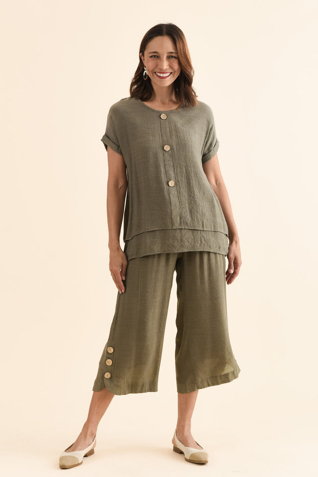 Lettie Khaki Button Pants,Full Body,Brunette model,alt text|model:Cara image 7