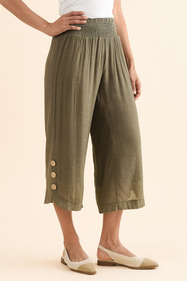 Lettie Khaki Button Pants,Side,Brunette model,alt text|model:Cara image 4