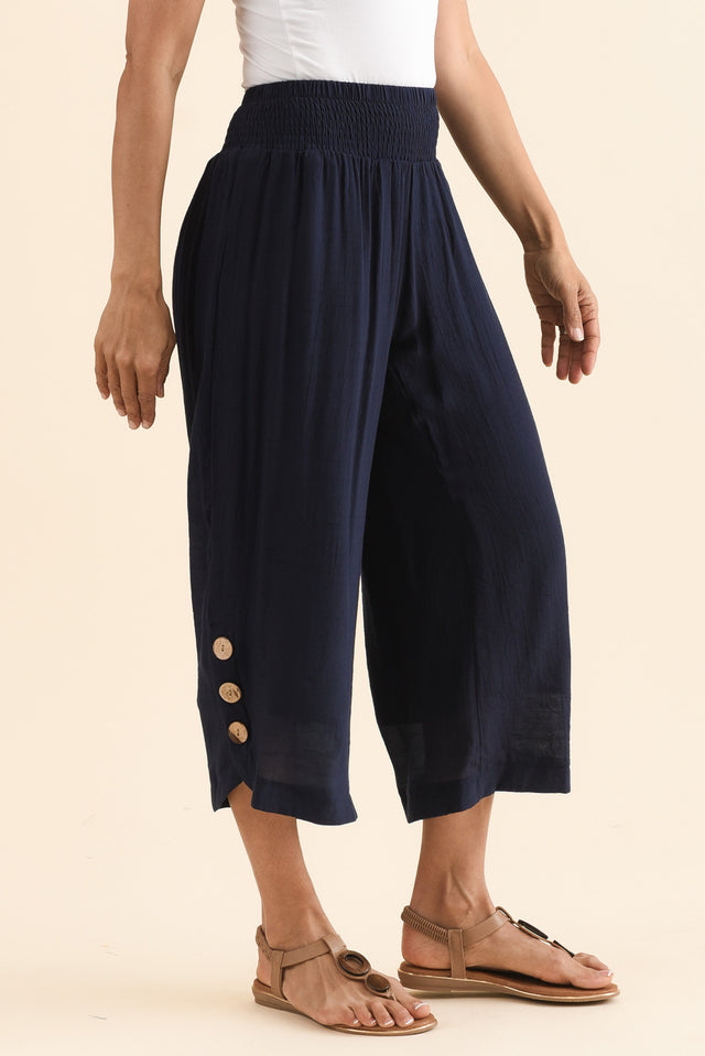 Lettie Navy Button Pants,Side,Brunette model,alt text|model:Cara image 4