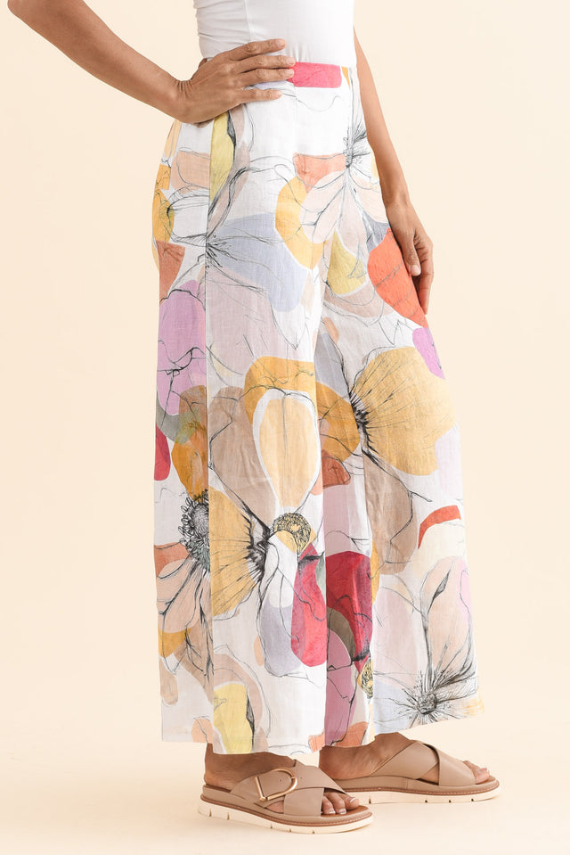 Lexton Yellow Floral Linen Pants,Side,Brunette model,alt text|model:Cara image 3