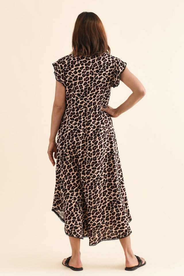 Libby Brown Leopard Midi Dress,Back,Brunette model,alt text|model:Cara image 6