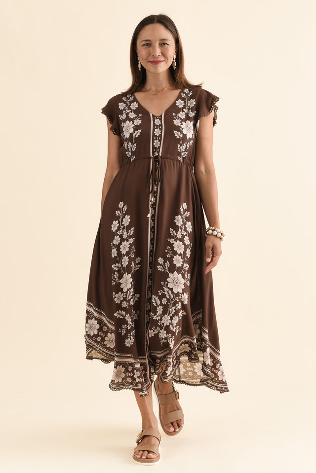Libby Chocolate Flower Midi Dress,Front,Brunette model,alt text|model:Cara image 1