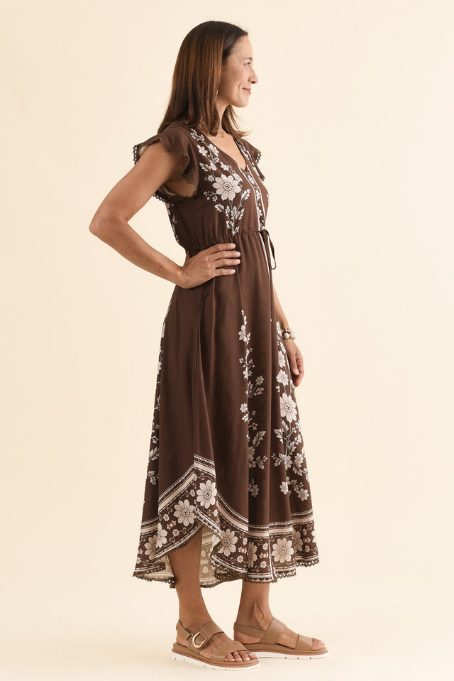 Libby Chocolate Flower Midi Dress,Side,Brunette model,alt text|model:Cara image 3