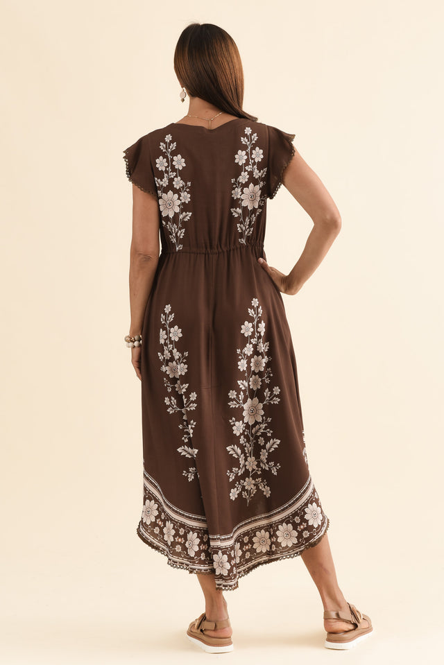 Libby Chocolate Flower Midi Dress,Back,Brunette model,alt text|model:Cara image 4