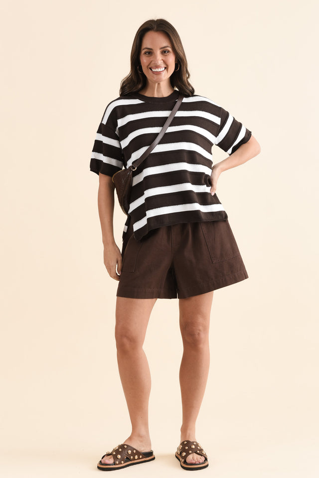 Libby Chocolate Stripe Cotton Top,Full Body,Brunette model,alt text|model:MJ image 2