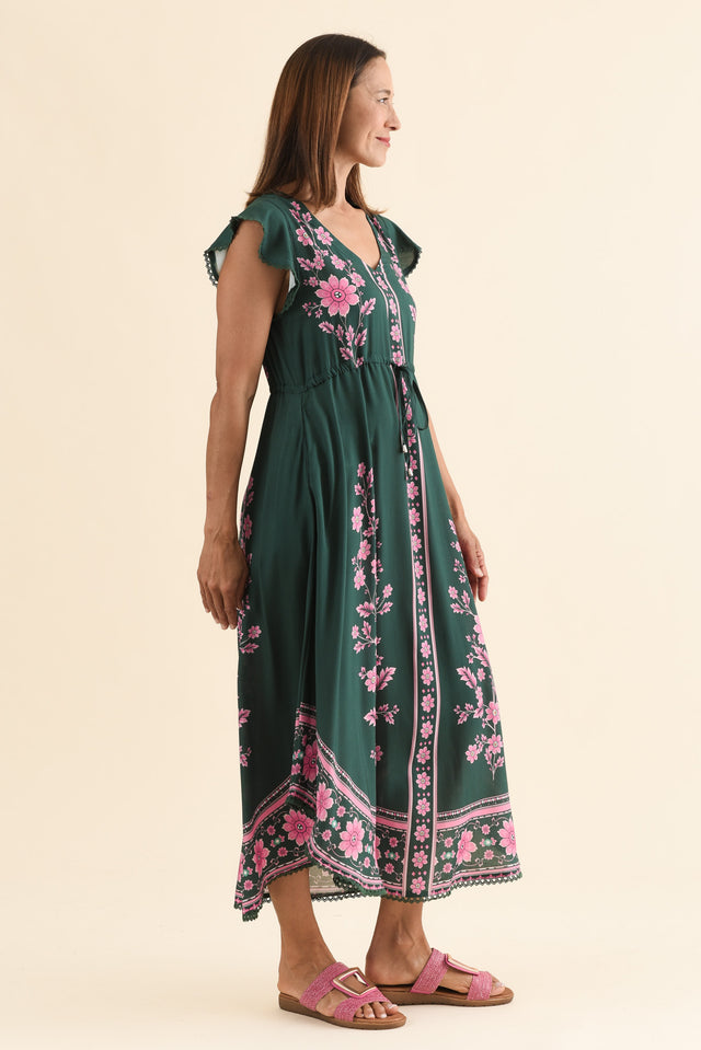 Libby Emerald Flower Midi Dress,Side,Brunette model,alt text|model:Cara image 3