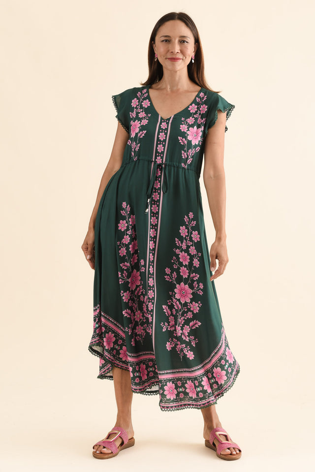Libby Emerald Flower Midi Dress,Full Body,Brunette model,alt text|model:Cara