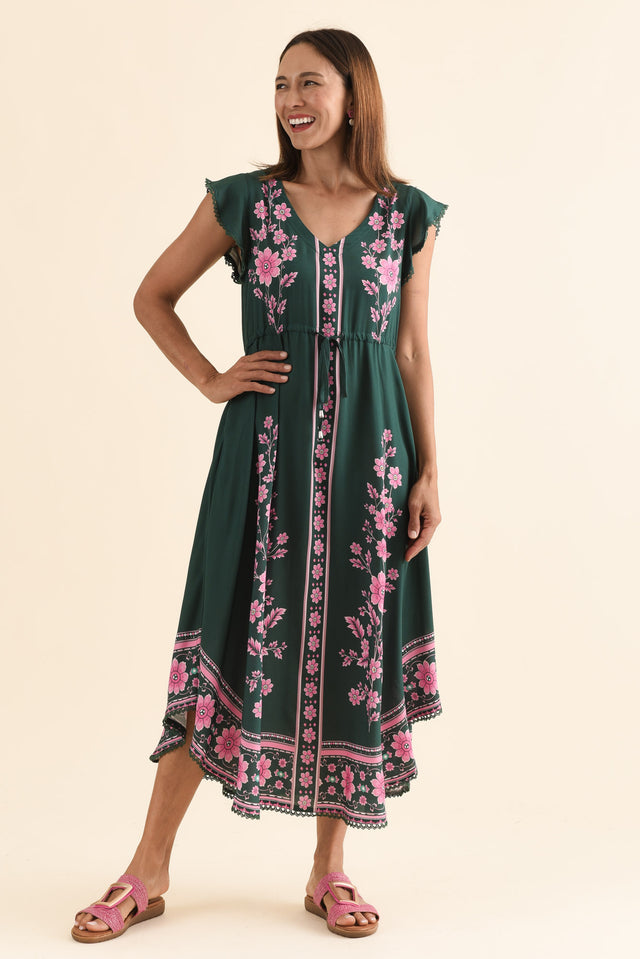 Libby Emerald Flower Midi Dress,Front,Brunette model,alt text|model:Cara