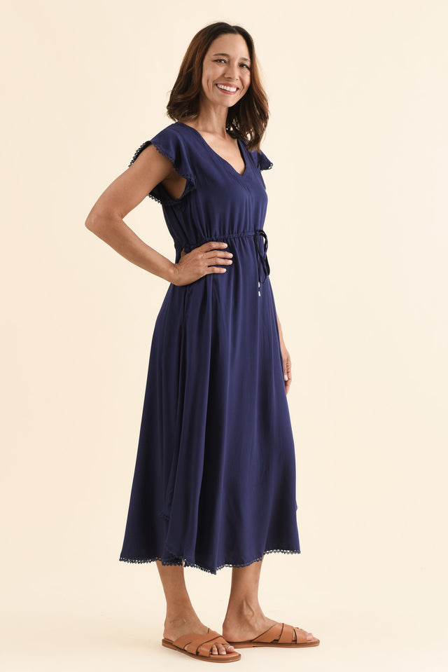 Libby Navy Midi Dress,Side,Brunette model,alt text|model:Cara image 4