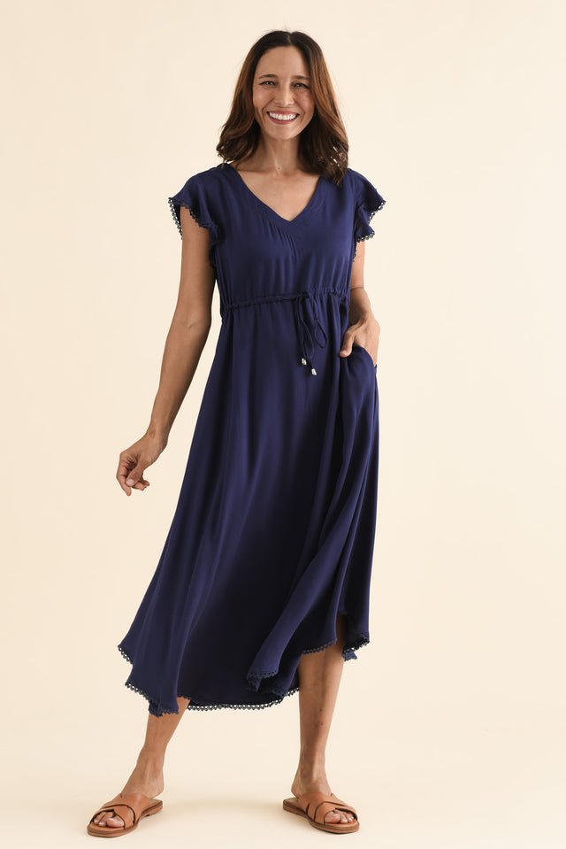 Libby Navy Midi Dress,Full Body,Brunette model,alt text|model:Cara image 3