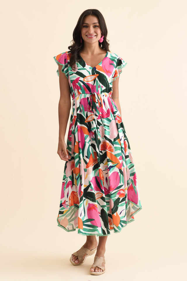Libby Pink Flower Midi Dress,Brunette model,alt text|model:Brontie image 3