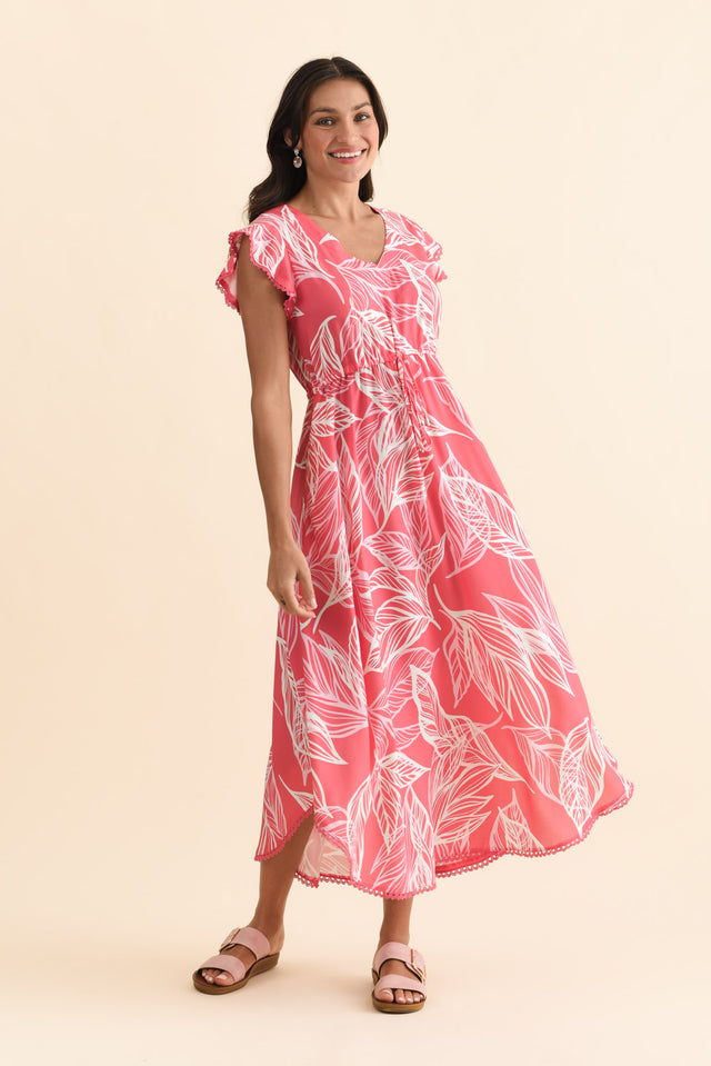 Libby Pink Leaf Midi Dress,Brunette model,alt text|model:Brontie image 3