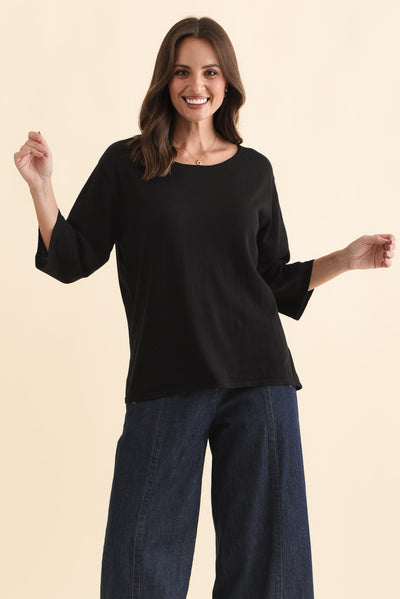 Liberty Black Cotton Knit 3/4 Sleeve Top
