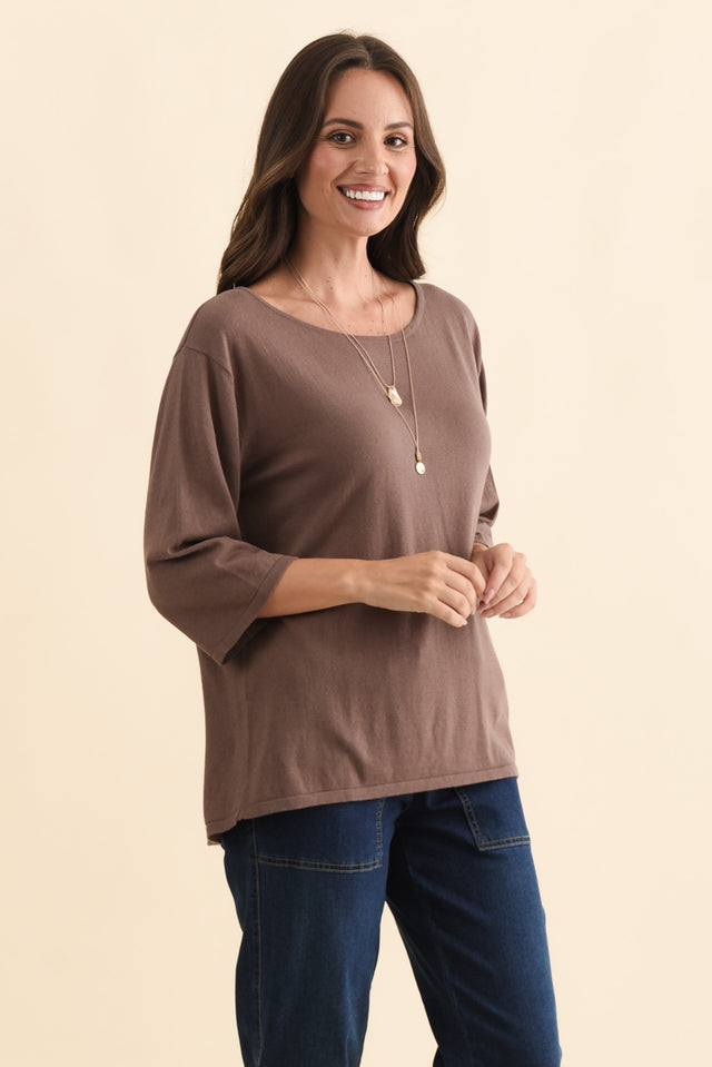 Liberty Chocolate Cotton Knit 3/4 Sleeve Top,Brunette model,alt text|model:MJ image 3