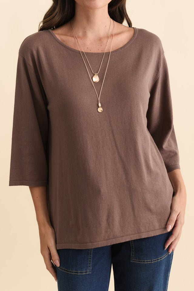 Liberty Chocolate Cotton Knit 3/4 Sleeve Top,Brunette model,alt text|model:MJ image 5