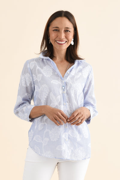 Lilah Blue Garden Cotton 34 Sleeved Shirt