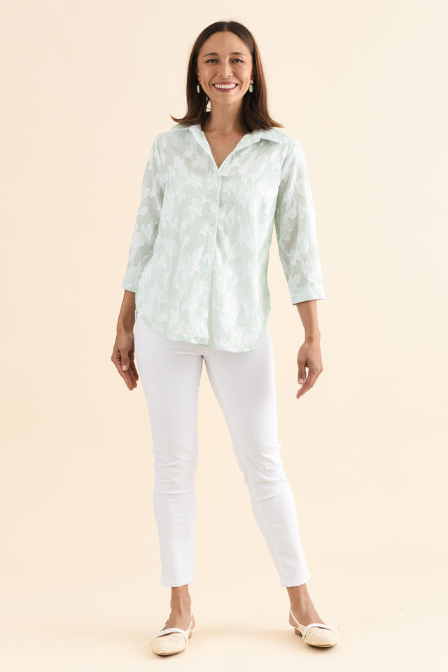 Lilah Green Garden Cotton 3/4 Sleeved Shirt,Full Body,Brunette model,alt text|model:Cara image 2