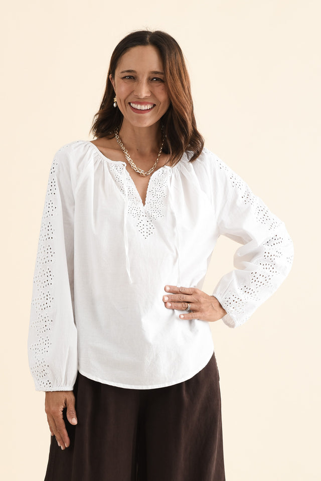 Liliana White Cotton Tie Top,Front,Brunette model,alt text|model:Cara image 1
