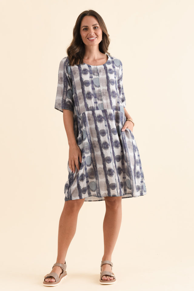 Lilibet Blue Circle Cotton Pocket Dress,Front,Brunette model,alt text|model:MJ