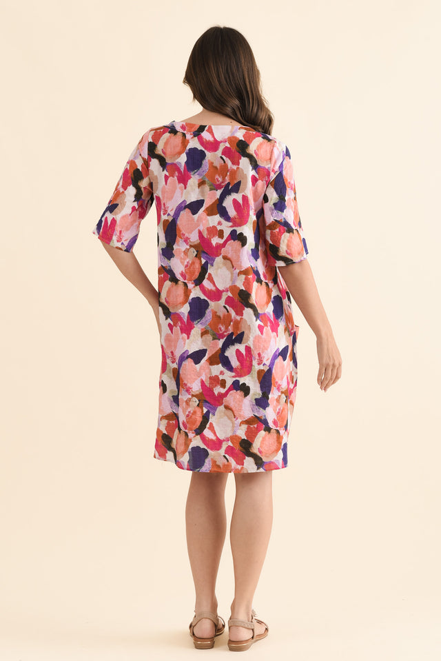 Lilibet Pink Abstract Cotton Pocket Dress,Back,Brunette model,alt text|model:MJ image 4