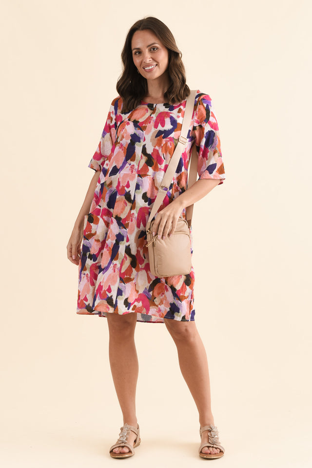 Lilibet Pink Abstract Cotton Pocket Dress,Front,Brunette model,alt text|model:MJ image 1