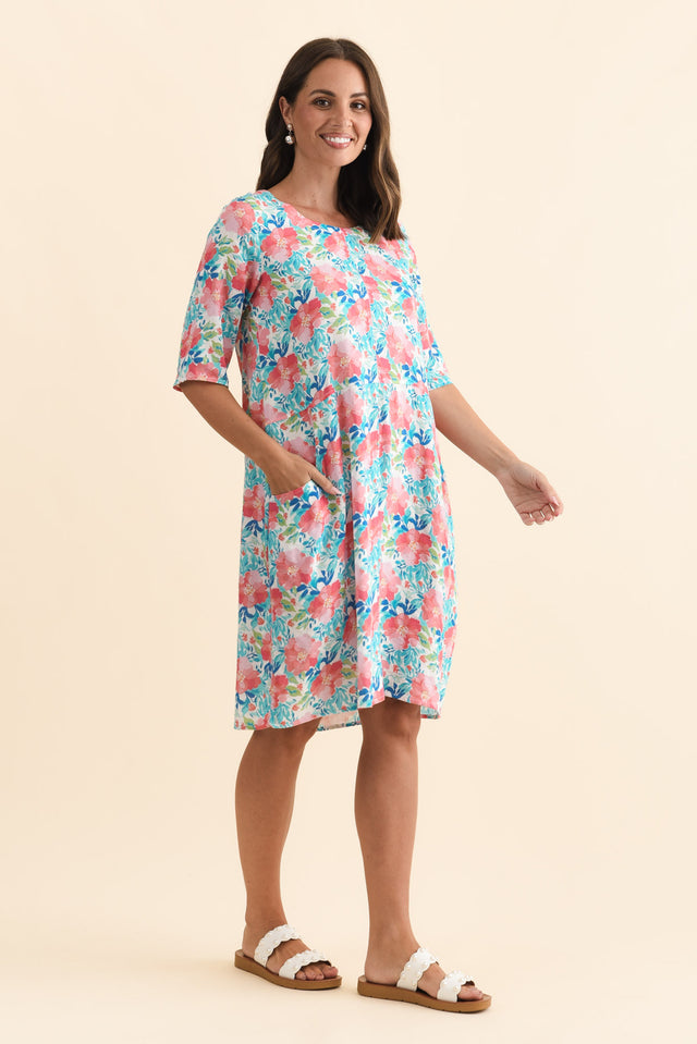 Lilibet Pink Flower Cotton Pocket Dress,Brunette model,alt text|model:MJ image 4