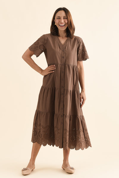 Lilith Chocolate Embroidered Cotton Dress